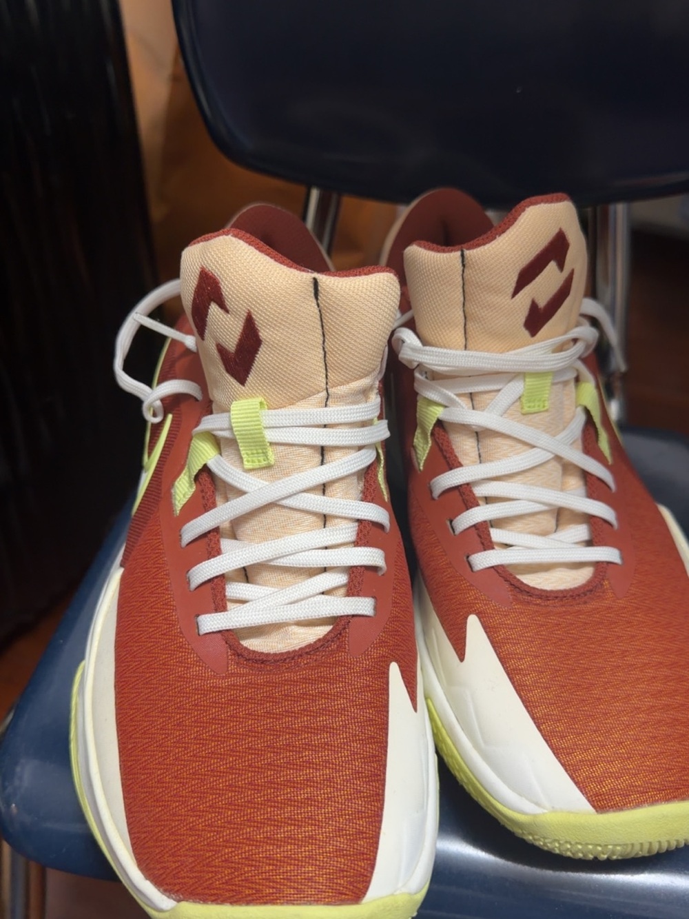 Nike Men's Rust and Cream Sneakers with Lime Accents